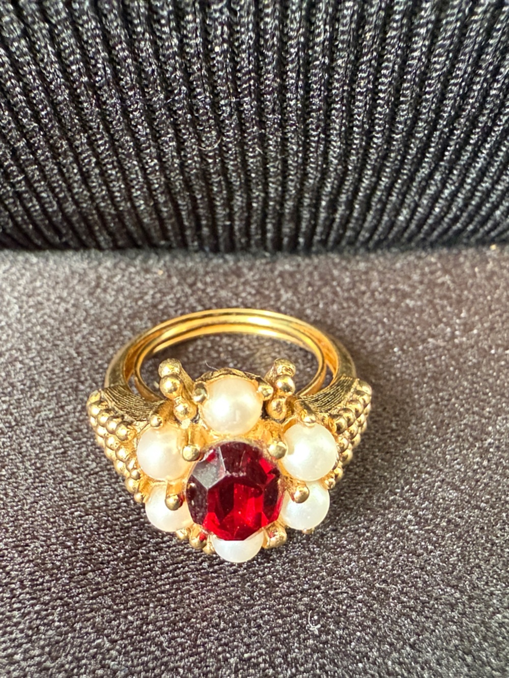 Avon Gold-Tone Ring with Red Gem and Pearl Accents